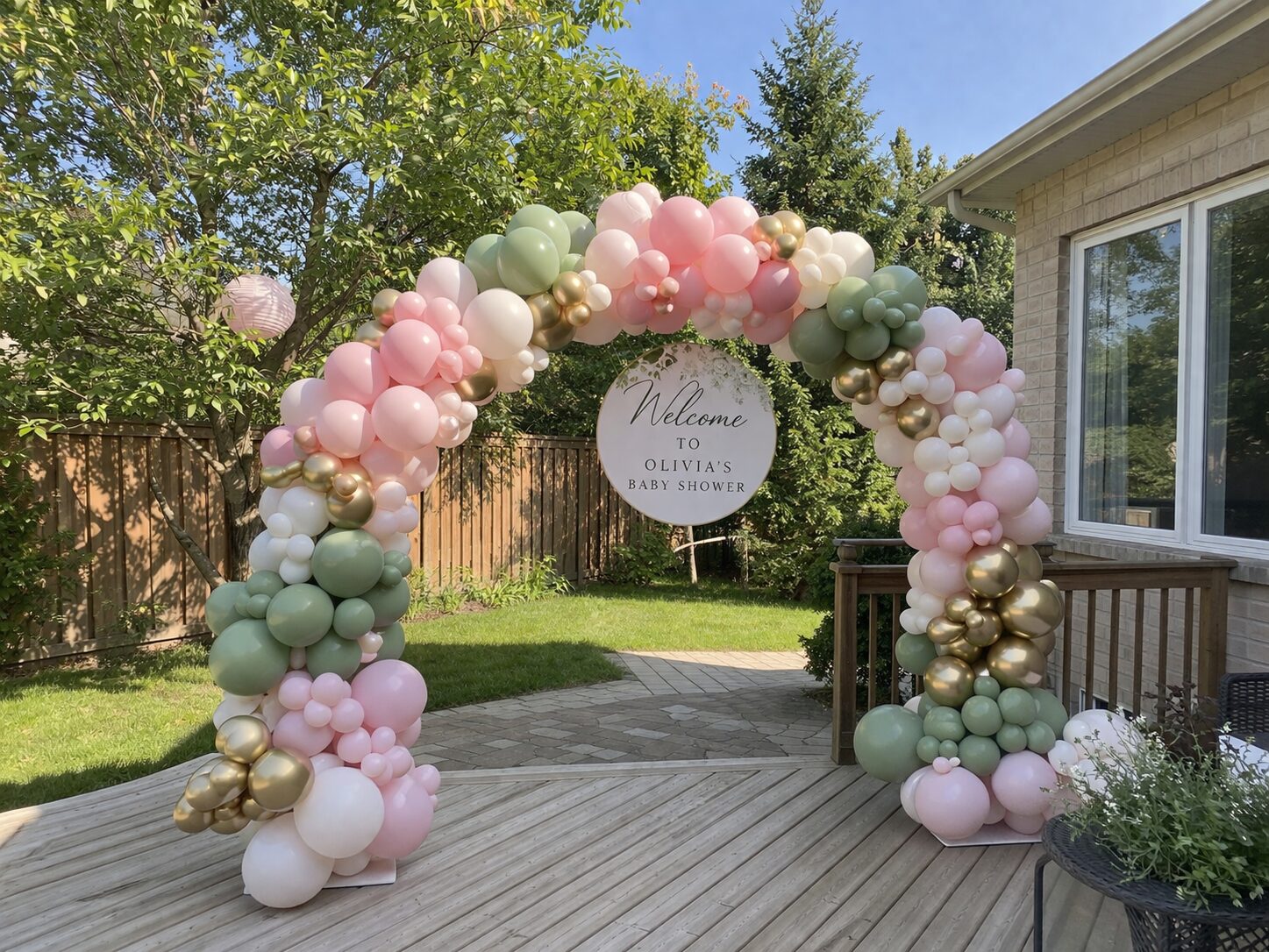 Luxury balloon arch for baby shower in Barrie with blush pink, sage green, and gold balloons by Petal Pop