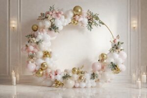 Luxury balloon arch installation in blush, white, and gold for weddings and events in Barrie, Simcoe County, and the GTA