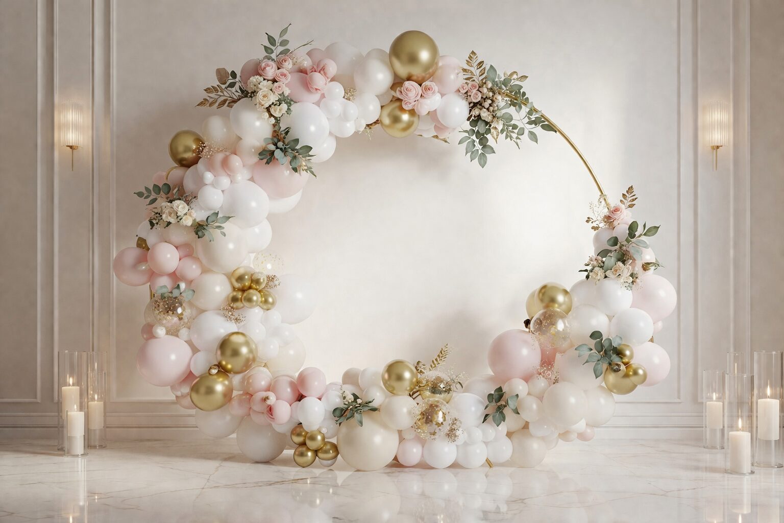 Luxury balloon arch installation in blush, white, and gold for weddings and events in Barrie, Simcoe County, and the GTA