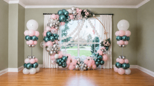 Teal, pink and pearl white balloon decor with circular backdrop and matching balloon columns in an elegant indoor event setting