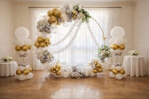 Luxury corporate balloon arch in Ontario with white and gold balloons by Petal Pop in Barrie Simcoe County