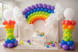 Rainbow balloon arch with cloud clusters and matching balloon columns for birthday and private event decor in Barrie and Simcoe County