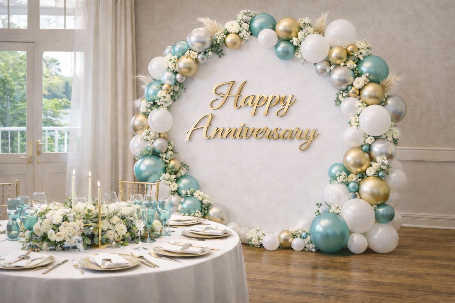 Luxury balloon installation for anniversary event in Ontario with teal, white, and gold balloons by Petal Pop