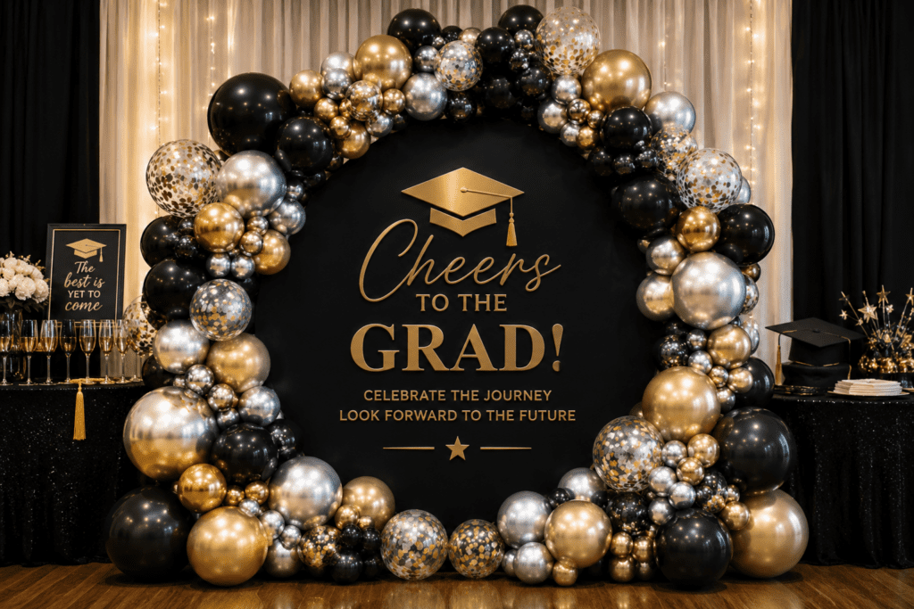 Luxury black, gold and silver graduation balloon display by Petal Pop for graduation parties, prom, commencement ceremonies and grad celebrations in Barrie, Simcoe County, Newmarket, Alliston and the GTA.