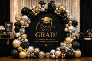 Luxury black, gold and silver graduation balloon display by Petal Pop for graduation parties, prom, commencement ceremonies and grad celebrations in Barrie, Simcoe County, Newmarket, Alliston and the GTA.